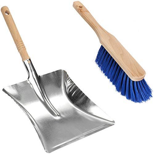 com-four® Kehrschaufel Set mit Kehrblech und Handfeger - Kehrgarnitur aus Metall - Kaminschaufel und Kaminbesen mit Holzgriff (01 Stück - Kehrgarnitur)