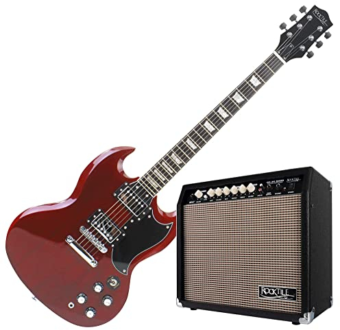 Rocktile Pro S-Red E-Gitarre Heritage Cherry Verstärker Set - 2 Humbucker Tonabnehmer - Ahorn-Hals - 30 Watt Gitarrencombo mit 2 Kanälen - 8 Speaker - Gitarrenkabel - Heritage Cherry