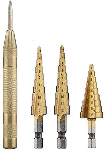TuToy 4Pcs Hss Foret étagé revêtu de titane avec poinçon central automatique Perceuse étagée 3-12/4-12/4-20Mm