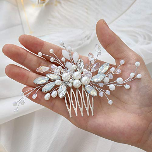 Unicra Braut Hochzeit Haarkamm Silber Kristall Braut Haar Zubehör Perle Kopfbedeckung für Frauen und Mädchen