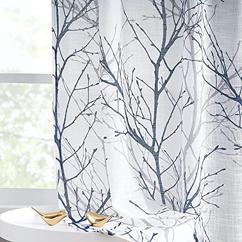 Fmfunctex Blue Semi Sheer Curtains for Living Room 90 Drop Grey Voile Curtains for Bedroom Tree Branch Eyelet Curtains Linen Textured Light Filtering Window Curtain Drapes for Dining Room 2 Panels