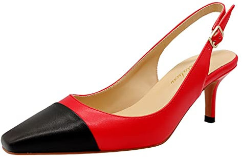Moda donna punta quadrata pelle opaca bicolore gattino tacco slingback sandali fibbia cinturino posteriore tacco basso eleganti pompe, Rosso, 37 EU