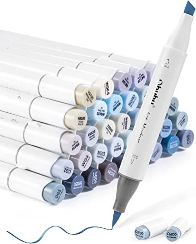 Ohuhu Grayscale Alcohol Markers Brush Tip- Double Tipped Alcohol Based Art Marker Set for Artist Adults Coloring Illustration Shading Layering- 36 Grey-tone Colors Chisel& Brush