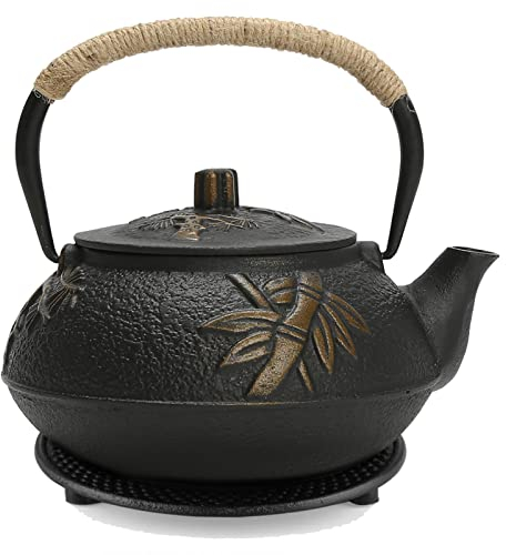Fuloon Teekanne Gusseisen mit Emailliertem Interieur, Japanische Teekanne mit Sieb, 900ML Teapot mit Verbrühungsschutzgriff und Untersetzer, für Zuhause und Büro (Bambus&Pflaume)