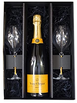 Veuve Clicquot Brut Champagner 0,75 l 12% + 2 x Veuve Clicquot Champagnerglas als Geschenkset in Präsentbox by Reichelts