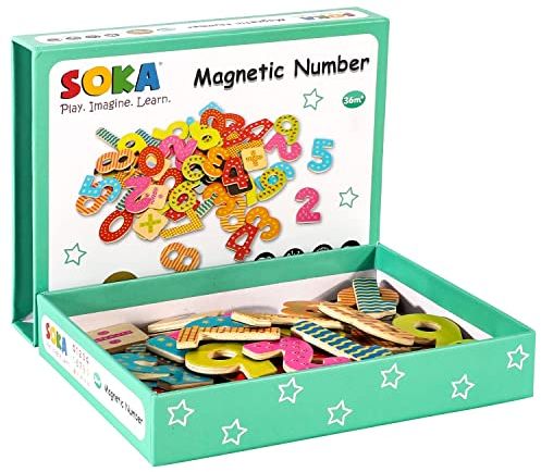SOKA Magnetic Wooden Numbers (60 pcs) Early Developmental Toy Learning Fridge Magnet Activities ABC Educational Montessori Children Toddler Games for Kids Girls Boys 3 year old +