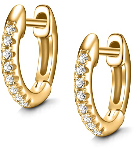 day.berlin Kleine Damen Creolen 925 Silber in Gold, 10mm Durchmesser 18k vergoldet, Mini Zirkonia Ohrringe rhodiniert, nickelfrei und wasserfest