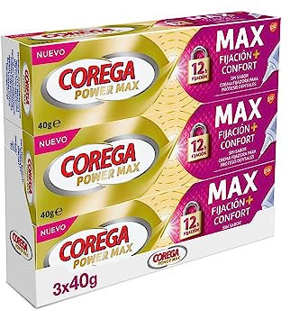 Corega Max Fijación + Confort, Crema Fijadora Para Prótesis Dentales Sin Sabor, Para Fijación y Comodidad, Pack de 3x40 g