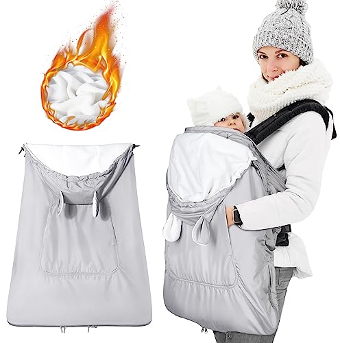 Orzbow Winter Tragecover für Babytragen,Universal Regenschutz für Tragetücher mit Tasche,Abnehmbare Kapuze mit Kordelzug,Polarfleece-Futter,Unterer Reißverschluss,Wasserdichte (Hellgrauer Bär)