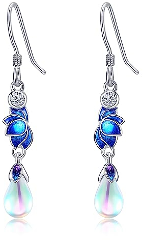 Lotus Ohrringe Silber 925 Mondstein Lotusblume Hängend Ohrhänger Hängeohrringe Damen Lotus Schmuck Geschenk für Damen Mädchen Mutter Oma