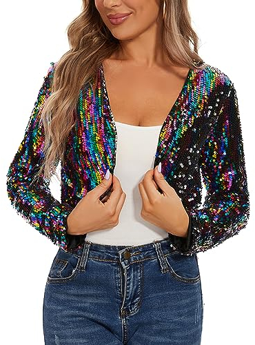 MINTLIMIT Dünne Strickjacke Damen Offene Cardigan Pailletten Metallic Langarm Bolero Elegant (Silvery L)