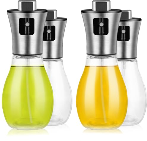 4 Piezas Pulverizador Aceite Spray Cristal, 200ml Aceitera Spray Pulverizador, Spray Aceite Cocina con Pincel de Silicona, Difusor Aceite Cocina para Freidora de Aire, Grill, Ensalada