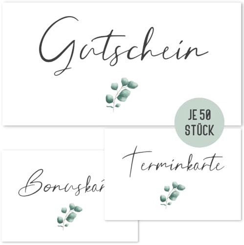 Set 50 Gutscheine + 50 Terminkarten + 50 Bonuskarten für Nagelstudio, Friseur, Massage, Kosmetik | Blanko Gutscheinkarten Terminkarten Bonuskarten (Set Gutschein + Termin + Bonus Eucalyptus)