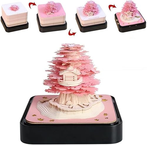 2024 Schreibtisch kalender mit Lichtern, 3D Kalender Memo Pad Papier Kunst Sakura Baum, Kreative 3D Notizblock Papier Schnitzen, Tempel des Himmels Skulptur Geschenk Desktop Dekoration
