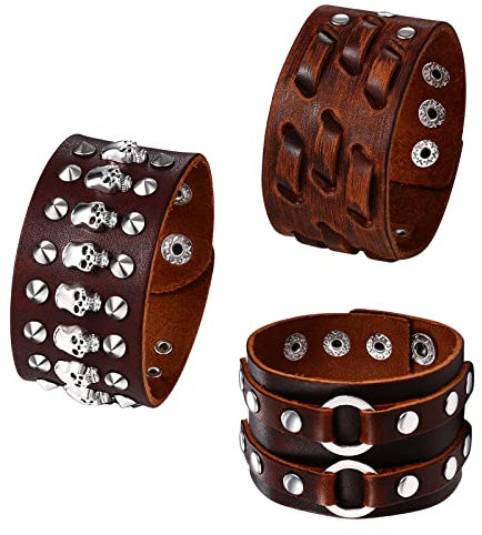 JewelryWe Schmuck 3pcs Leder Armband Herren Punk Rock Gothic Breit Manschette Lederarmband mit Totenkopf Schädel Ring Nieten Geflochten Verstellbar Armreif Geschenke für Männer Braun