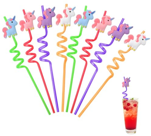 Lot de 8 pailles licorne pour enfants, pailles réutilisables, en plastique, bouclées, pour lait, jus, décorations pour réunion de famille, fêtes d'anniversaire d'enfants (02)