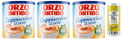 3er-Pack Orzo Bimbo Cappuccino D'orzo Solubile,Löslich-Gersten-Cappuccino,eine koffeinfreie Alternative 150g + 1er-Pack Kostenlos San Benedetto Eistee mit Zitrone Ohne Zucker 330ml Dose