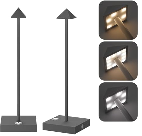 Aipsun 2 Stück LED Dimmbare Akku Tischlampe Kabellose Anthrazit, Wiederaufladbar Warme Lichtfarbe 2700K/4000K/6000K Tischleuchte mit USB-C, Aluminium, IP54 Wasserdichte