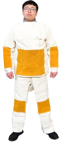 MECKOZ Herren-Schweißer-Schutzkleidung Anzug Langärmelige Arbeitskleidung Aus Segeltuch Verschleißfeste Schweißer-Arbeitsjacke Aus Rindsleder