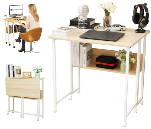 TYGYSDO klapptisch klein Schreibtisch mit Rollen computertisch Tisch beistelltisch klein Einfache Montage erforderlich für kleine Räume Holzwerkstoffen,Stahlrahmen (80 * 58 * 75cm) (Ahornfarbe)
