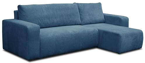 VENASI MÖBEL Ecksofa mit Schlaffunktion und Bettkasten Cord-Stofff, Luna L-Form Schlafsofa Eckcouch Sofa (Blau)