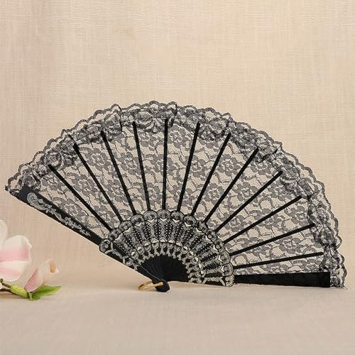 HAORQEE Black Lace Hand Fan Folding, Handheld Folding Fan, Vintage Wedding Fans, Folding Hand Fan for Women Girls Dress up Costume Dancing Party Decoration