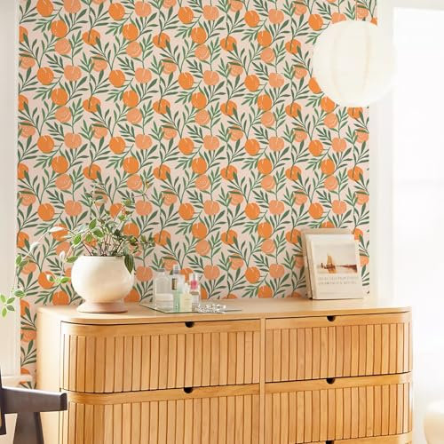 Alwayspon 40cmx500cm Orange Flower Self Adhesive Wallpaper, Peel and Stick Furniture Sticker Decals Living Kids Room Wall Art Sticky Back Vinyl Film Roll