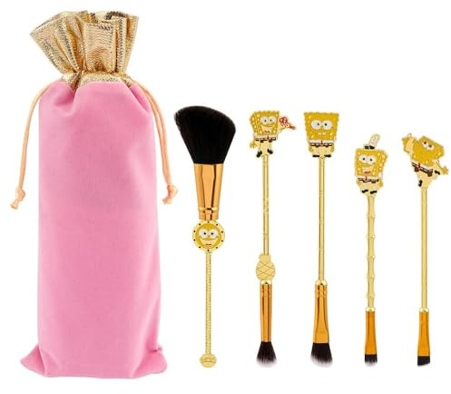 5 Stück Spongebob Make-up Pinsel Set mit Beutel, Anime Kollektion für Foundation Blush Lidschatten Gesicht Concealer Eyeliner Kontur Puder Liquid Eye,Pinsels mit Metall Material Beutel