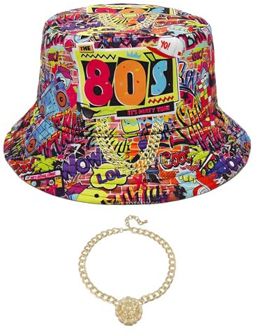 Metaparty Damen Herren 80er 90er Jahre Stil Modischer Fischerhut mit Halskette Vintage Fischerhut Doppelseitiger Hiphop-Eimerhut Sonnenhut Strand Hut (80S)