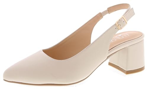 Women's Pointed Toe Block Heel Pumps Slingback Chunky Slip On Low Mid Heel, Cream, 4.5 UK
