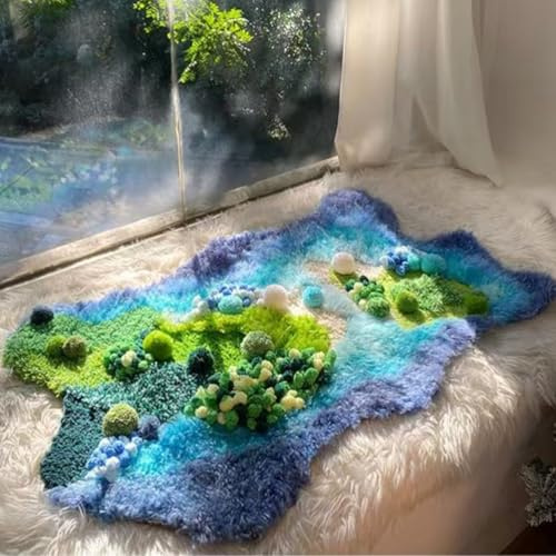RIDEONMOP Moss Rug DIY Latch Hook Kits for Bedroom Bathroom Drawing Room, 51x27 Hand-embroidery Large Moss Rug, Furry Plush Soft Cute Moss Rug Flowers for Woman, Ocean