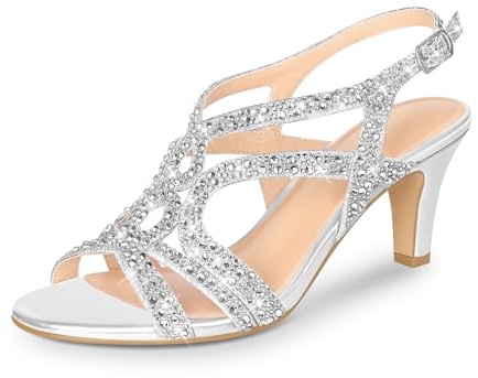 PIZZ ANNU Amelia Sandalias Mujer Verano Comodas Tacon Kitten, Zapatos Fiesta Destalonados Ideales para Boda y Ceremonia, Punta Abierta con Brillantes Tacones Elegantes Plateado EU 38