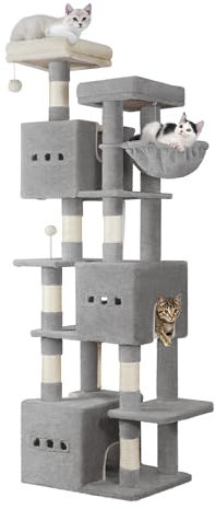 Hzuaneri 193 cm Cat Tree, Large Cat Tower for Indoor Cats, Multi-Level Cats House Furniture with 2 Platforms, 3 Condos, 7 Scratching Posts, 1 Basket, 3 Caves, Pompoms, Light Grey MS19218LG