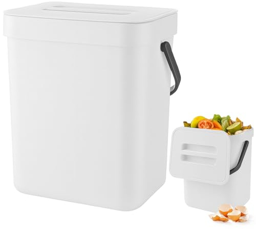 Zyluniy Komposteimer Küche 3L, Biomülleimer Küche Klein, Hängend Biomülleimer, Kleiner Mülleimer für Arbeitsplatte, Behälter mit Deckel, Komposter für Büro, Zuhause, Badezimmer, Schlafzimmer, Weiß