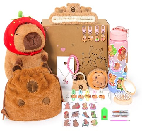 Shownicer Peluche Capybara 11 pièces cadeau pour filles 4 5 6 7 8 9 10+ ans, avec animal/peinture diamant DIY/bouteille/sac/accessoires pour cheveux/peigne/pendentif set de jouets