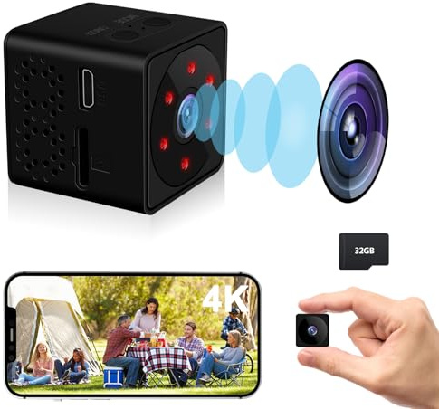 Bextgoo Mini Camera sans Fil, Options Wi-FI ou sans Wi-FI, 4K Camera de Surveillance sans Internet avec avec Carte TF 32 Go, Vision Nocturne, Mini Camera pour Maison/Intérieur/Extérieur(Noir)