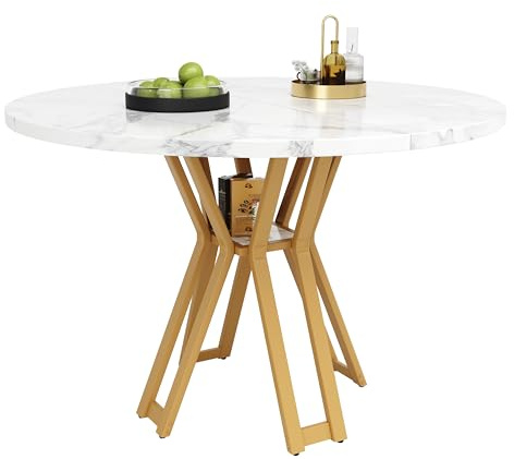 vutizal Runder Esstisch 100cm Durchmesser | Esstisch Rund Weiß Marmorplatte | Für 4-6 Personen | Moderner Esszimmer Tisch & Küchentisch (Gold)