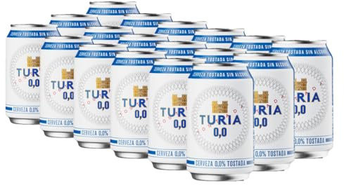TURIA – Cerveza 0,0 Tostada Sin Alcohol | Pack 24 Latas 33cl | Malta Tostada de Sabor Intenso | Elaboración Tradicional Valenciana | Artesanal 0,0 con Aroma Suave y Final Equilibrado