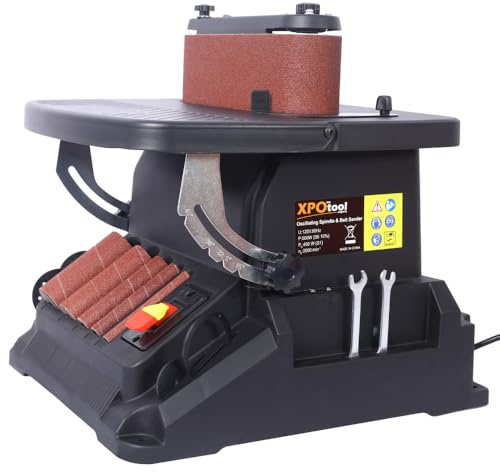Luxebough Ponceuse à broche oscillante verticale et ponceuse à bande, machine combinée 2 en 1, moteur de 500 W avec table inclinable, 5 manchons de ponçage et bande de 10,2 x 61 cm, ponceuses d'établi