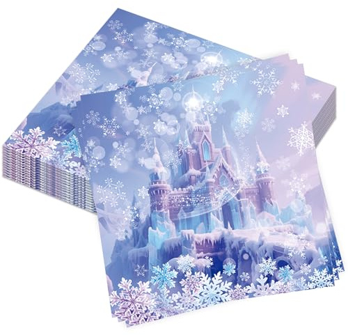 40 Stück Servietten Schneeflocken Schloss,Schneepapierservietten | 33x33 cm Frozen Papierservietten Prinzessin Schloss,Winterservietten Blau Geburtstag Deko,Seidenpapier für Geburtstagspartys