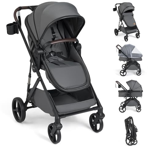 COSTWAY Poussette 3 en 1 Pliable avec Siège Réversible et Nacelle, 0 à 3 Ans, Jusqu'à 22 kg, Poussette Canne Bébé avec Capote et Dossier Réglable, Moustiquaire, Panier et Porte-Gobelet (Gris)