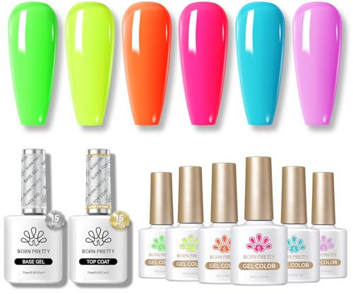 BORN PRETTY Neon Gel Nail Polish 6 Rainbow Colors + Gel Base and Top Coat Set