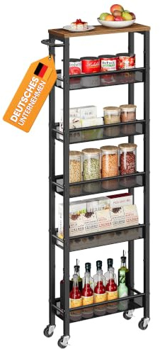 VASAGLE Rollwagen, Schmaler Küchenwagen mit 6 Ebenen, 45,4 x 15 x 131,4 cm | Nischenregal mit Rollen, für Küche und Bad, Rustikales Braun und Mattschwarz, DACEY Kollektion LRC038K101