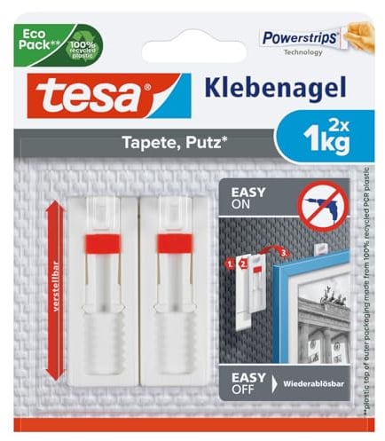 tesa 7774-00005-00 Tapeten und Putz 1 kg höhenverstellbarer Bilderaufhänger 2 Klebenägel und 6 Streifen weiß 2
