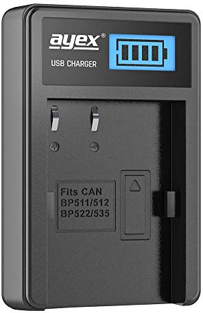 ayex USB Charger Compatible with Canon BP-511a Batteries for e.g. EOS 5D 20D 30D 40D 300D Charges via USB-C e.g. to Laptop and Power Bank with LCD Charge Indicator