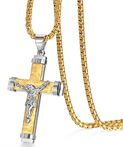 JewelryWe Schmuck Herrrn Halskette Edelstahl Jesus Christus Kreuz Kruzifix Wirbel Muster Anhänger mit 56cm Kette, Gold