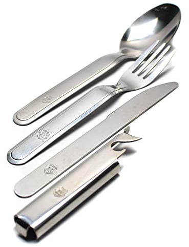 Original Hungarian Army Cutlery Set 4 Pieces. Eating Utensils Military Issue Spoon Fork Knife kit Flatware Multi-Tool Camping Bottle can Opener Stainless Steel New
