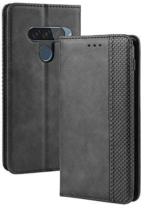 Manyip Hülle für LG G8S THINQ, Leder Handyhülle mit Retro-Design, Magnetischer Telefonkasten mit Standfunktion und Kartenfächern in Schwarz