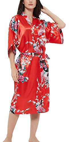Robe kimono en satin pour femme avec imprimé rose paon, Paon floral rouge, 3XL grande taille
