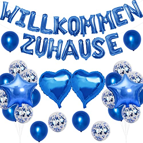 Fangleland Willkommen Zuhause Deko Set, mit Willkommen Zuhause Banner, Konfetti Luftballons Herz Stern Folienballon für Hause Familie Welcome Home Baby Empfang Partei